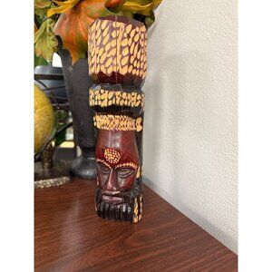 Hand-Carved Wooden Tribal Mask Statue With Engraved Base Art Decor 10 Inches Tal
